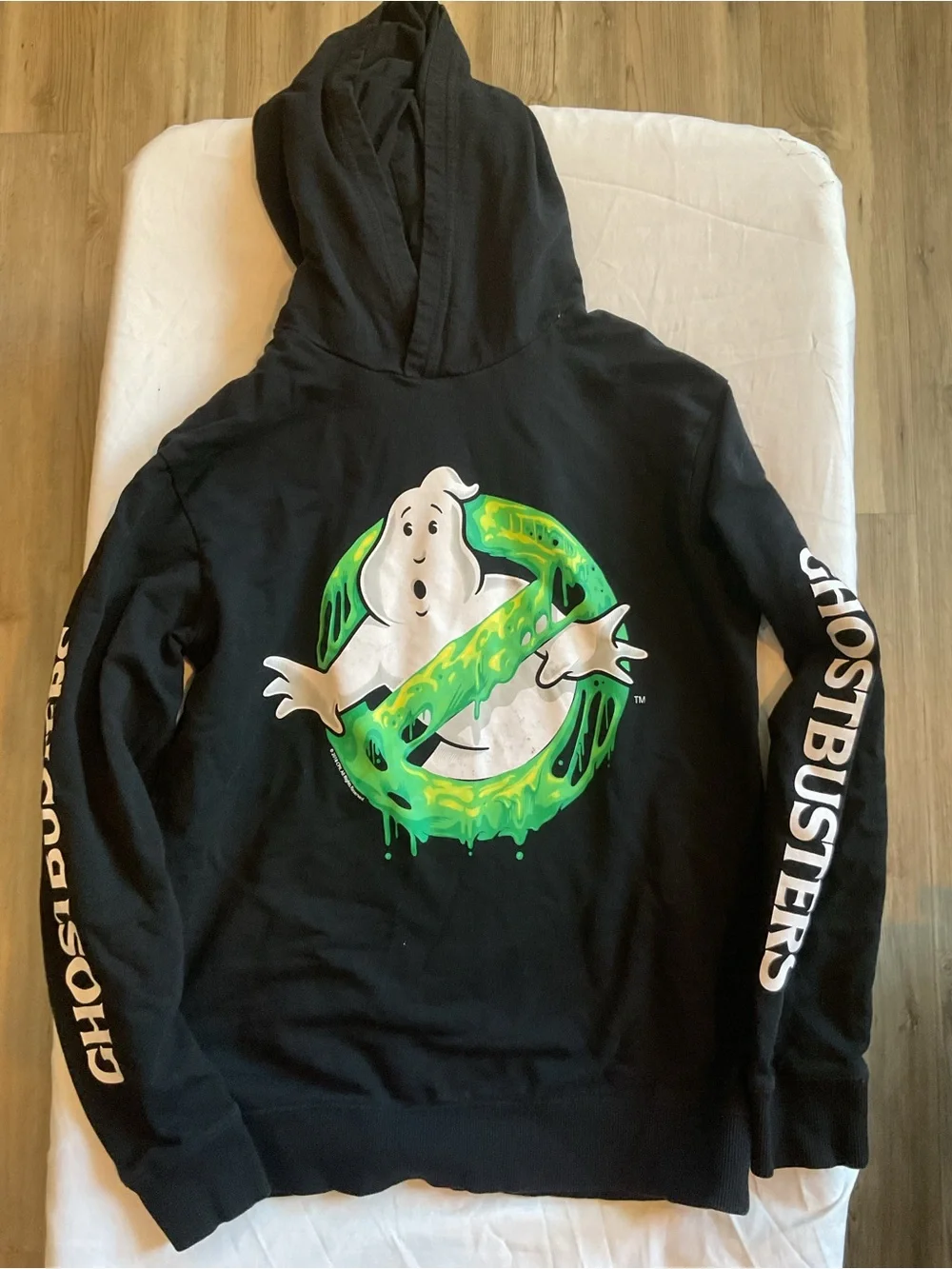 H&M Black Hoodie with Neon Green Ghostbusters Logo